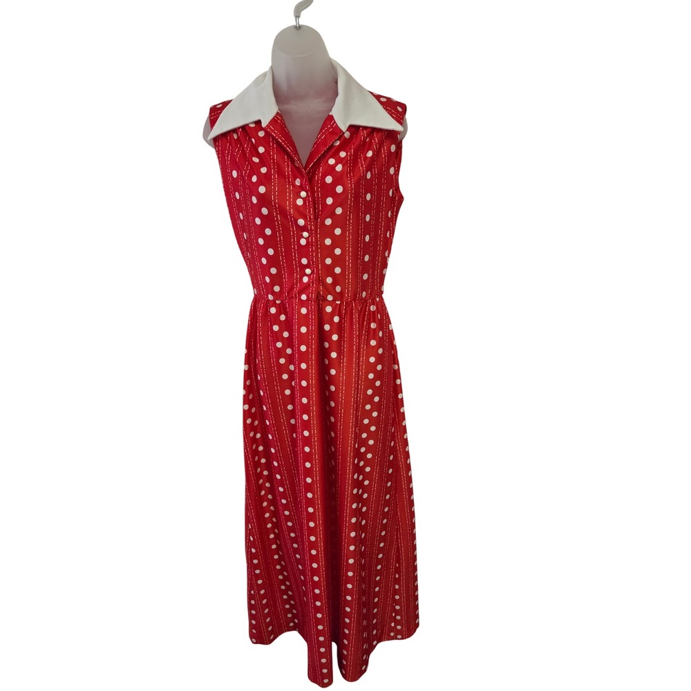 Vintage Yves Jennet 70s Red Polka Dot Maxi Dress Sleeveless Contrast Collar M